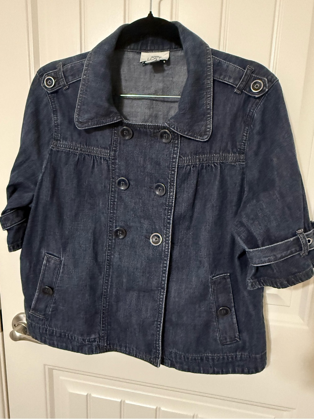 LOFT Navy Double-Breasted short sleeve Denim Jacket